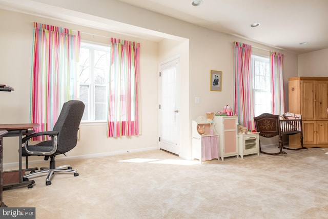 office area featuring recessed lighting, light colored carpet, and baseboards