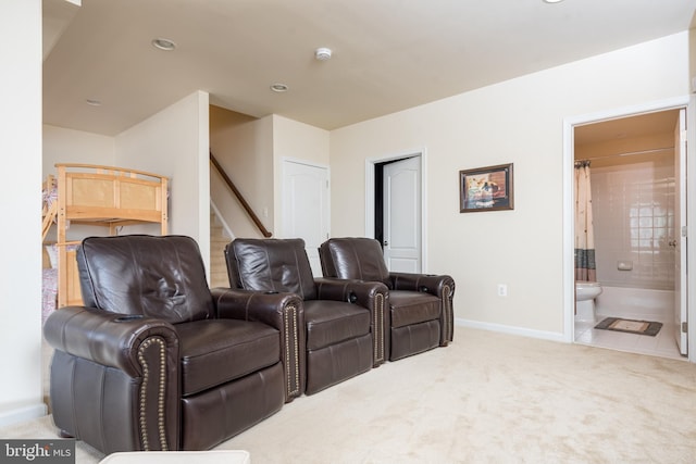 cinema room featuring recessed lighting, baseboards, and carpet