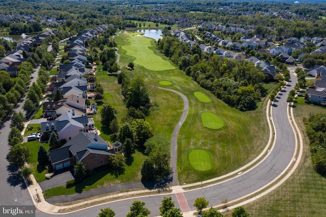 bird's eye view featuring a residential view, golf course view, and a water view