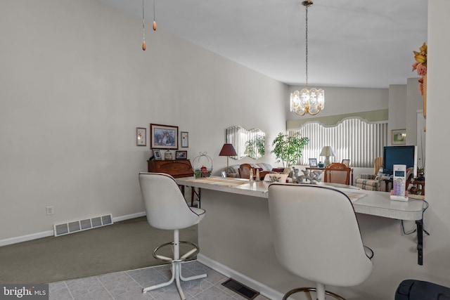 interior space featuring visible vents, baseboards, an inviting chandelier, and high vaulted ceiling