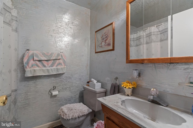 bathroom featuring vanity, a shower with shower curtain, and toilet