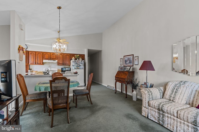 dining area with visible vents, high vaulted ceiling, carpet, baseboards, and a chandelier