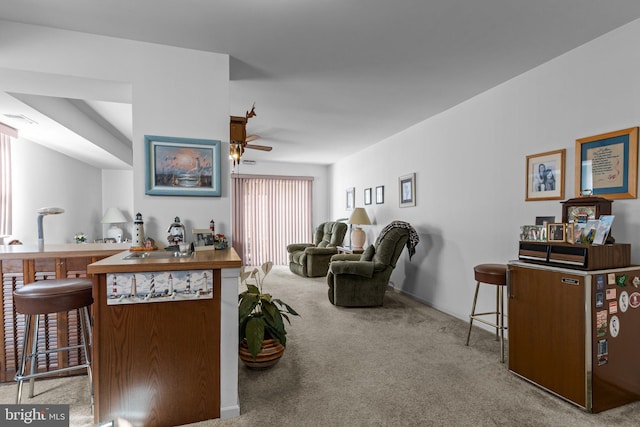 interior space with ceiling fan, carpet floors, and a sink