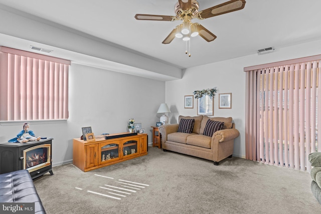 living area with visible vents, carpet, and a wood stove