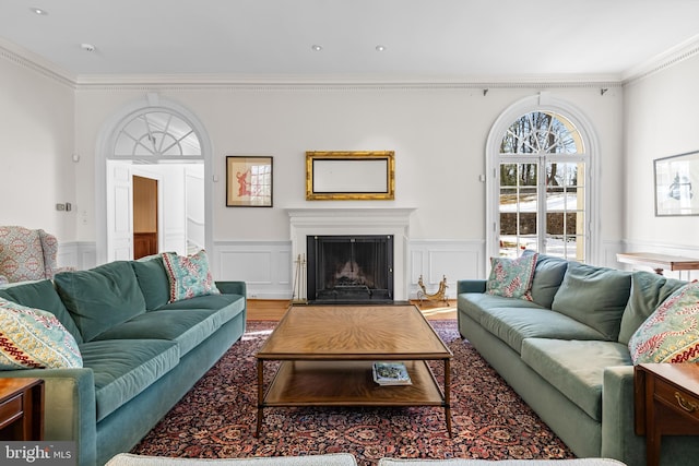 living room featuring a wainscoted wall, wood finished floors, ornamental molding, and a fireplace