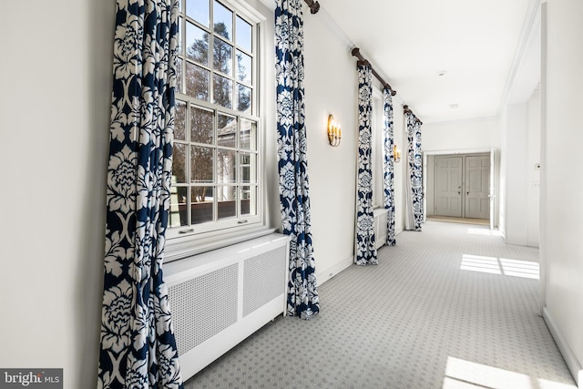 corridor with radiator, baseboards, and carpet