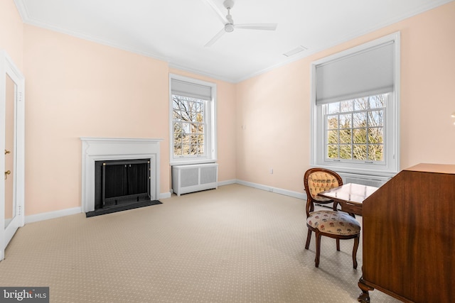 carpeted home office featuring radiator, a healthy amount of sunlight, a fireplace with flush hearth, and ornamental molding