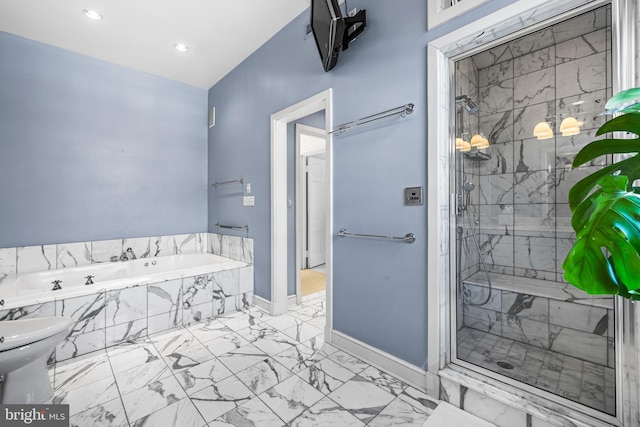 bathroom with baseboards, a garden tub, recessed lighting, a stall shower, and marble finish floor