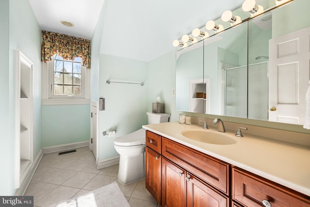 full bath with visible vents, toilet, a stall shower, tile patterned flooring, and vanity