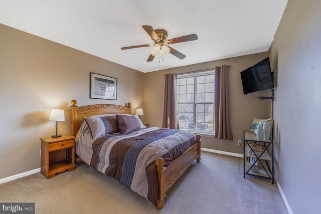 bedroom featuring a ceiling fan, carpet, and baseboards