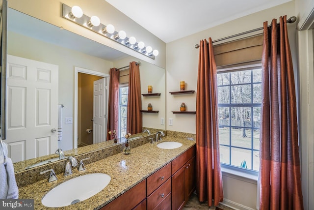 full bathroom with a sink, a healthy amount of sunlight, and double vanity