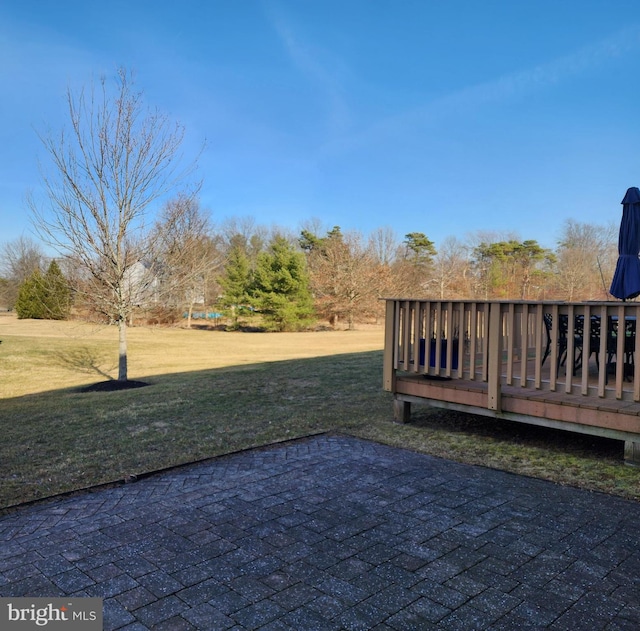 view of yard with a patio and a wooden deck