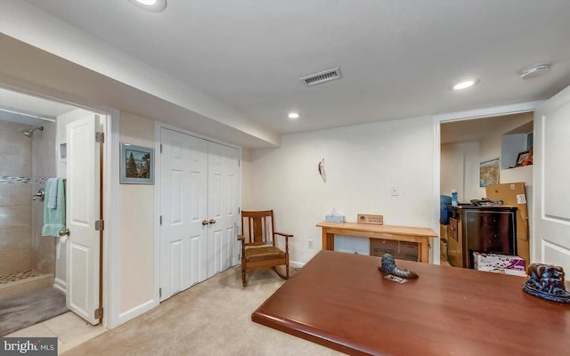 office space featuring recessed lighting, visible vents, light colored carpet, and baseboards