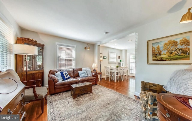 living area featuring baseboards and wood finished floors