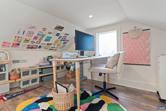 office area featuring wood finished floors, baseboards, and vaulted ceiling