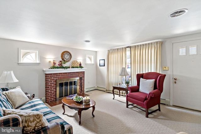 carpeted living area featuring visible vents, a brick fireplace, and baseboard heating