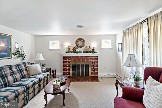 living area featuring a brick fireplace, a baseboard heating unit, carpet floors, and visible vents