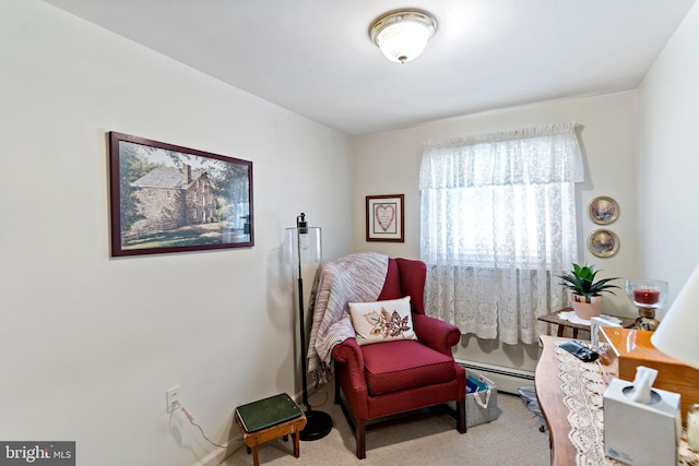 interior space featuring carpet flooring and a baseboard radiator