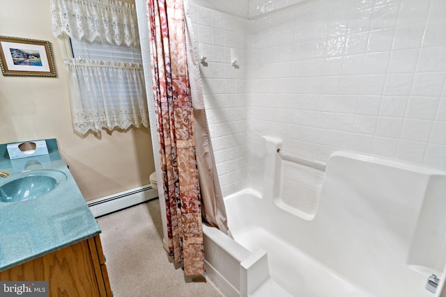 bathroom featuring baseboard heating, shower / tub combo with curtain, vanity, and toilet