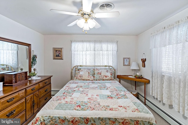 bedroom featuring a ceiling fan, visible vents, and a baseboard radiator