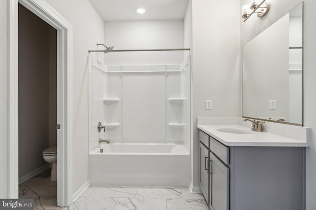 full bathroom featuring marble finish floor, toilet, vanity, and baseboards