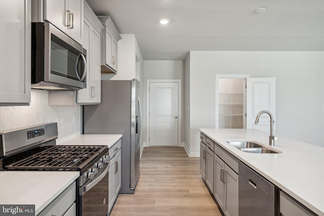 kitchen featuring gray cabinetry, light wood-style flooring, a sink, tasteful backsplash, and stainless steel appliances