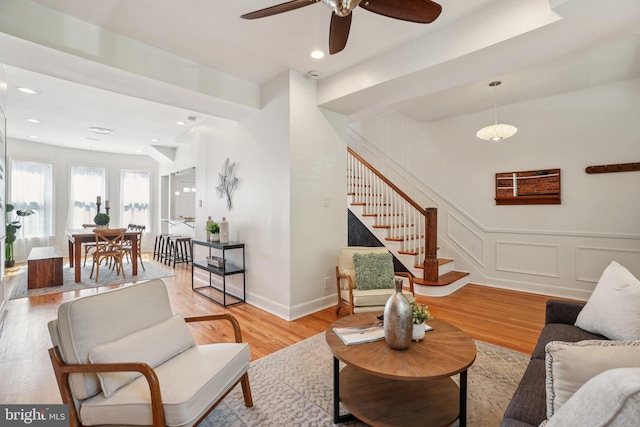 106 15th St SE, Washington, DC 20003 - living room featuring stairway, a ceiling fan, light wood finished floors, and recessed lighting