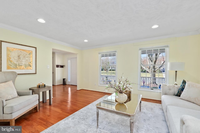 living room featuring wood finished floors, crown molding, a healthy amount of sunlight, and baseboards