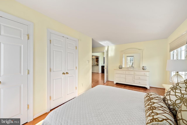 bedroom featuring a closet, baseboards, and wood finished floors