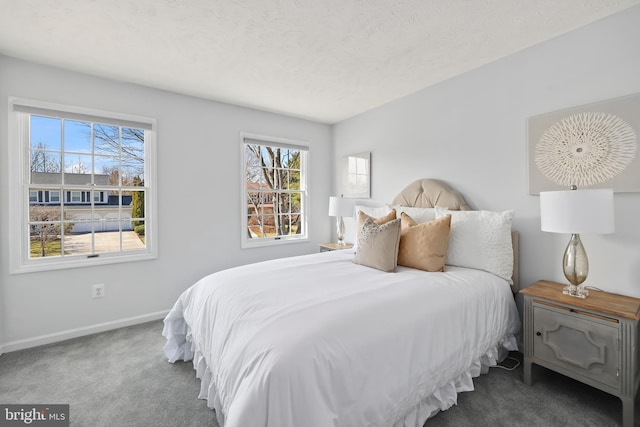 bedroom with carpet flooring, baseboards, and a textured ceiling