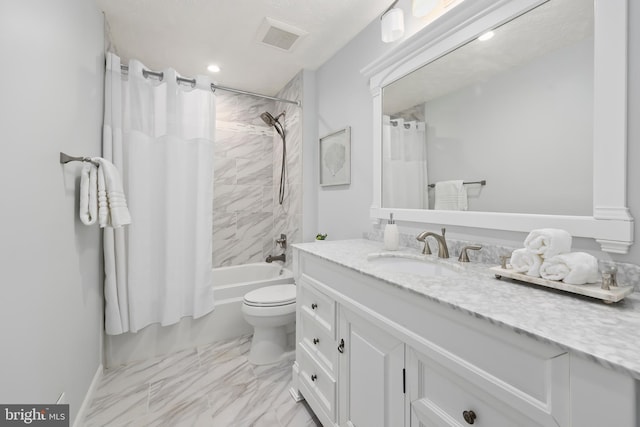 bathroom featuring shower / bathtub combination with curtain, visible vents, toilet, marble finish floor, and vanity