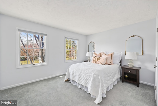 bedroom featuring carpet flooring, baseboards, and a textured ceiling