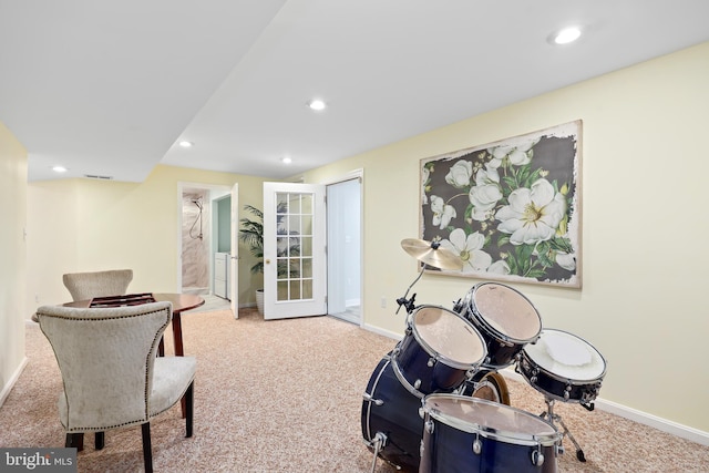 playroom featuring visible vents, recessed lighting, carpet, and baseboards