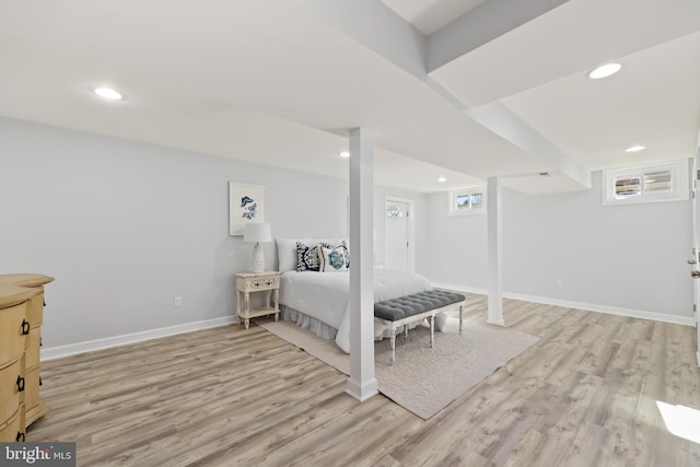 bedroom featuring recessed lighting, baseboards, and light wood finished floors