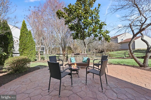 view of patio / terrace featuring a fire pit and fence