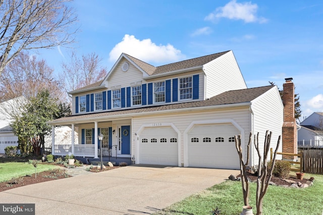 view of front of property featuring a porch, fence, driveway, and roof with shingles