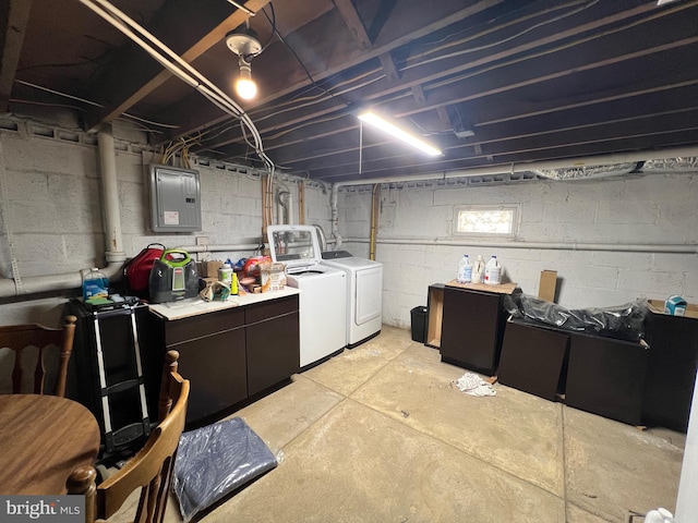 below grade area with electric panel and washer and clothes dryer