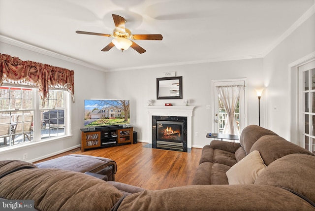 living room with baseboards, a fireplace with flush hearth, wood finished floors, and crown molding