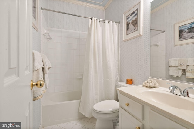 bathroom featuring toilet, wallpapered walls, crown molding, tile patterned flooring, and vanity