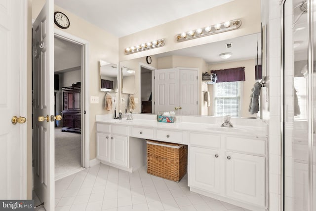 full bathroom with double vanity, visible vents, an enclosed shower, and a sink