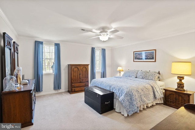 bedroom with light colored carpet, a ceiling fan, crown molding, and baseboards