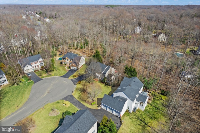 drone / aerial view with a wooded view