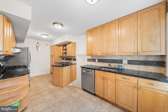 kitchen with dishwasher, a sink, open shelves, decorative backsplash, and baseboards