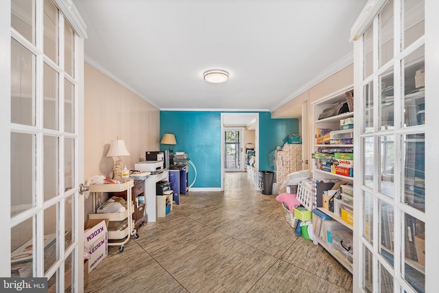 office space featuring french doors, ornamental molding, and baseboards