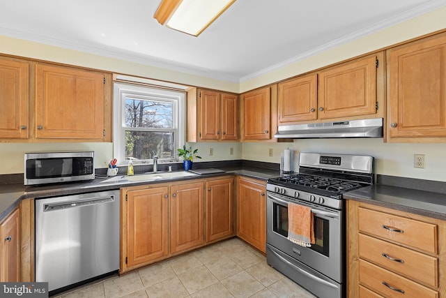 kitchen with under cabinet range hood, appliances with stainless steel finishes, dark countertops, and a sink