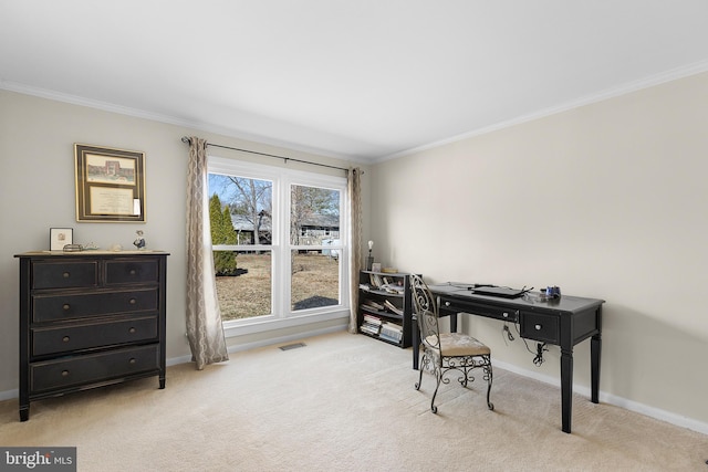 office area featuring visible vents, light colored carpet, and ornamental molding