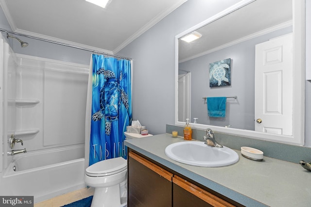 full bathroom featuring tile patterned floors, shower / bathtub combination with curtain, toilet, ornamental molding, and vanity