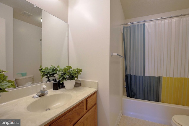 bathroom with visible vents, toilet, tile patterned floors, vanity, and shower / bathtub combination with curtain