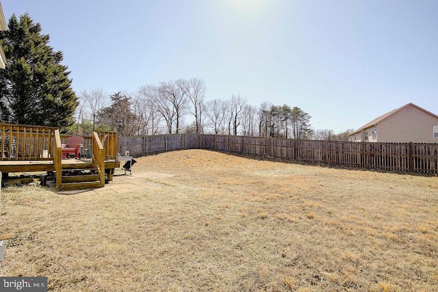 view of yard with a wooden deck and a fenced backyard