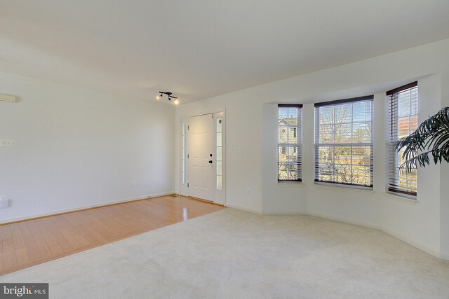 interior space with baseboards, light colored carpet, and rail lighting